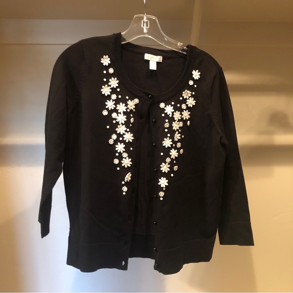 Charter Club Black Cardigan With White Flowers Size Small
